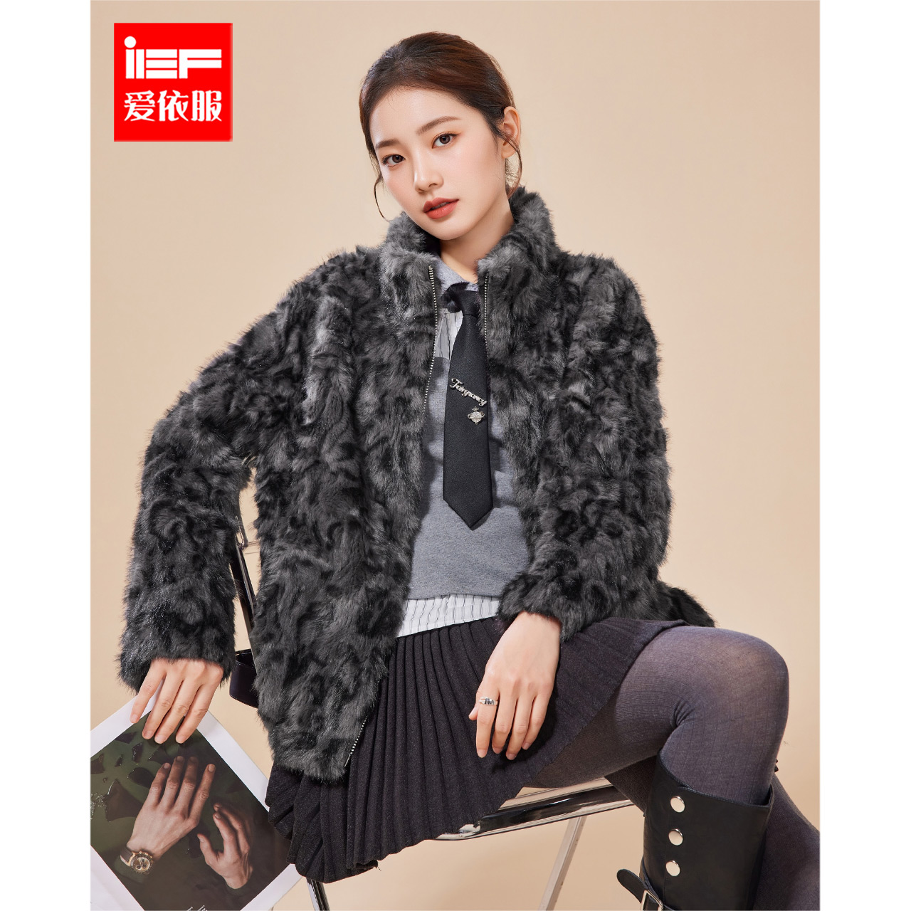 IEF/爱依服2025冬季新款美式潮酷辣妹气质休闲百搭豹纹毛绒外套