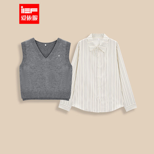 IEF/爱依服2025秋冬新款韩版休闲文艺气质毛织背心衬衫两件套上衣