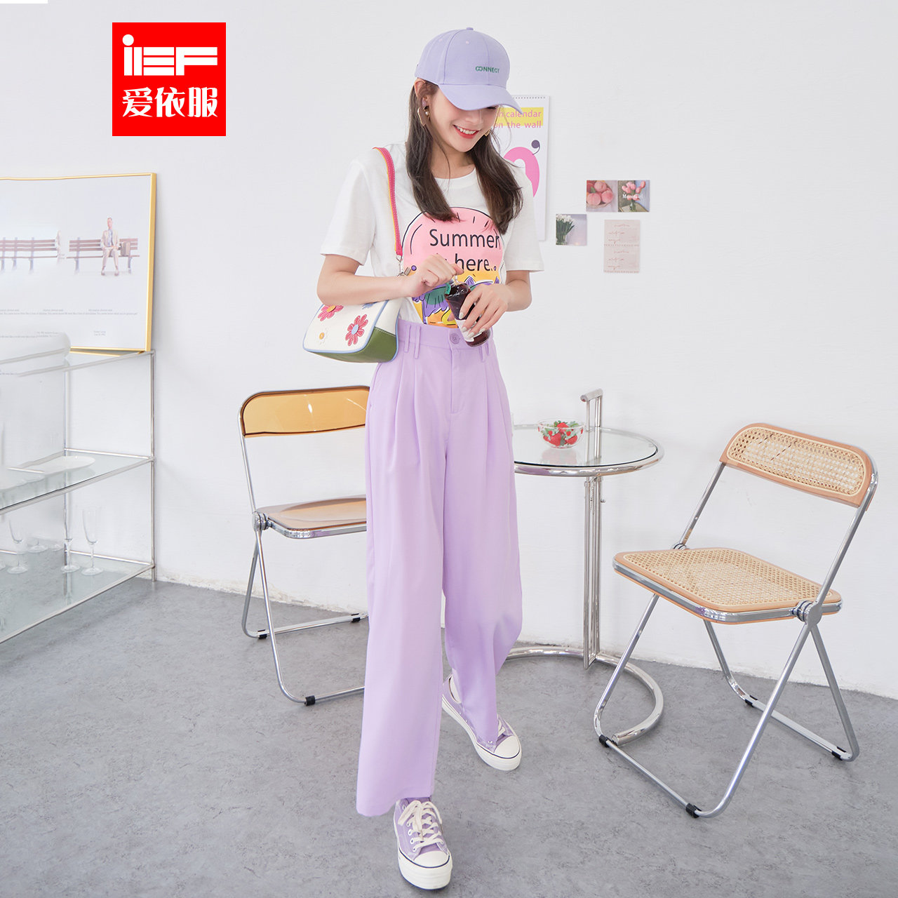 IEF/爱依服套装女2020年夏季新款ins潮高腰款阔腿裤印花t恤两件套