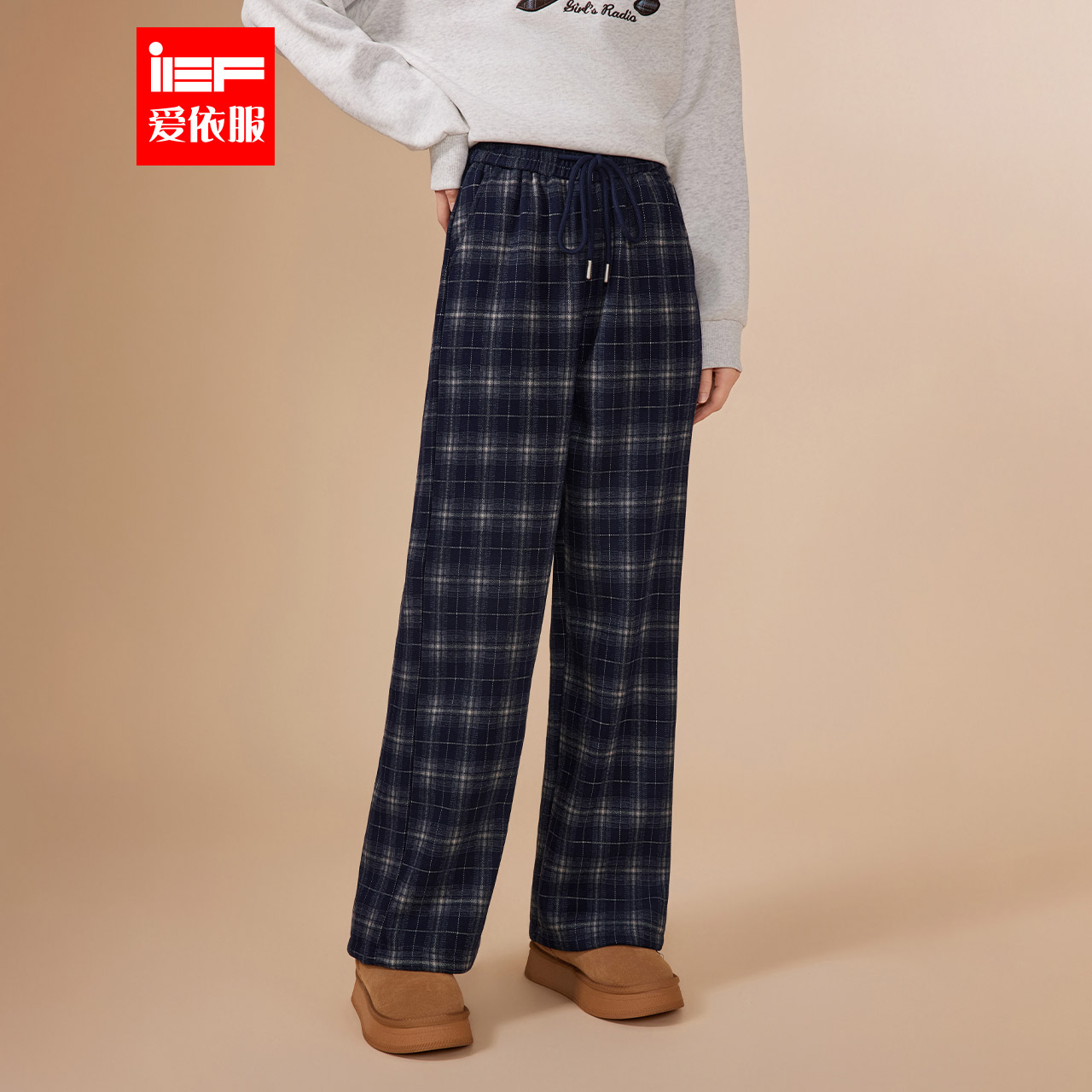 IEF/爱依服裤子2025冬季新款韩版时尚休闲复古格子加绒保暖阔腿裤