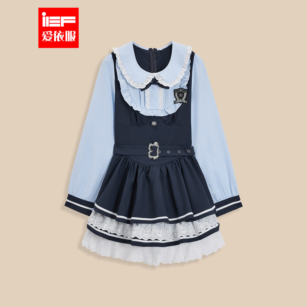 IEF/爱依服2026春季新款韩系甜美减龄学院风假两件设计百搭连衣裙