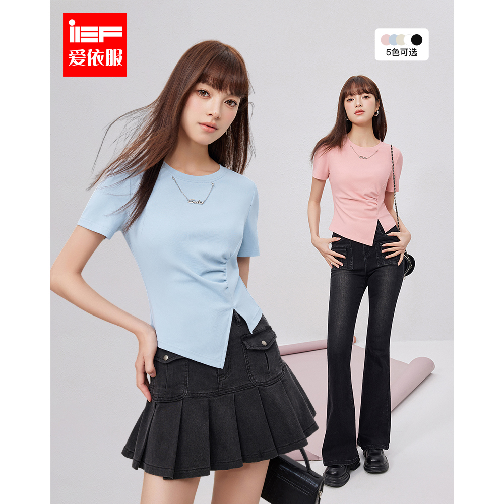 IEF/爱依服24年夏新品【芭蕾女孩TEE】褶皱不规则下摆小众设计T恤