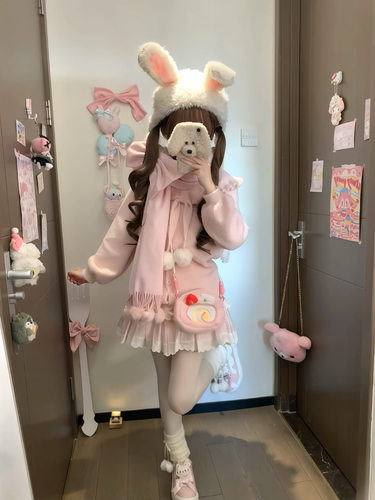 现货【鹿屿】 樱花粉蝴蝶结围巾 免手打蝴蝶结秋冬围巾毛衣套装