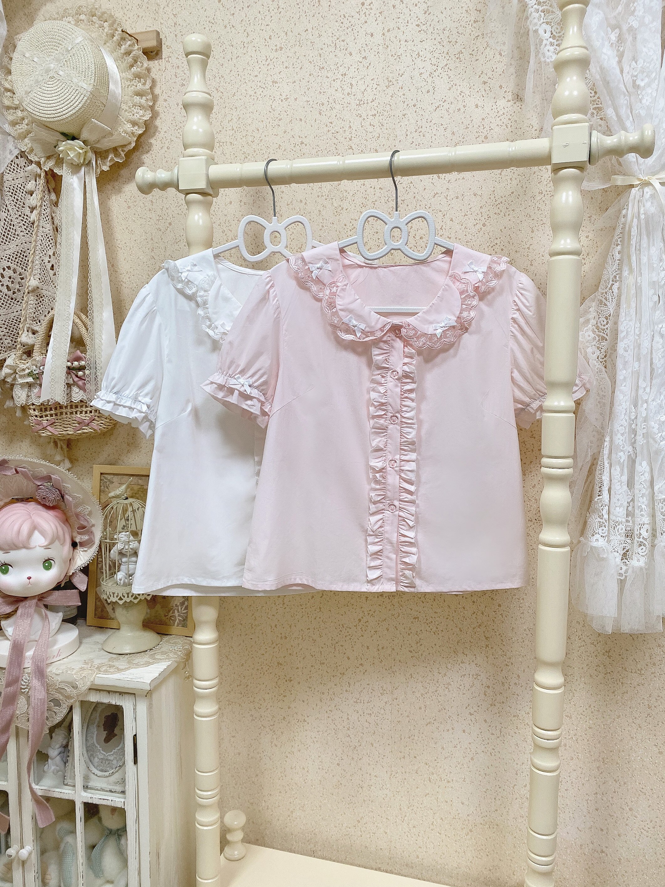鹿屿【草莓塔】lolita纯棉花瓣领蕾丝短袖衬衫洛丽塔内搭lo裙内搭