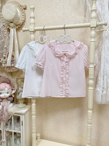 鹿屿【草莓塔】lolita纯棉花瓣领蕾丝短袖衬衫洛丽塔内搭lo裙内搭