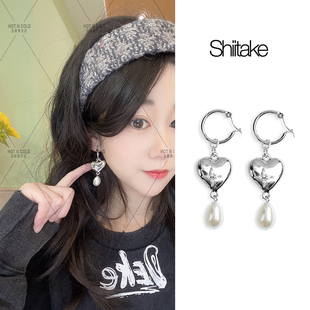 Shiitake立体爱心四芒星钻珍珠耳环可爱个性百搭耳钉原创小众设计