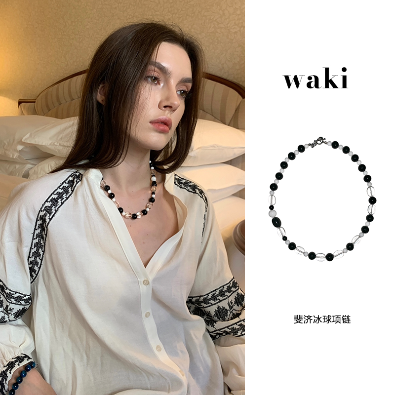 waki 斐济冰球黑玛瑙白水晶黑白配色浪漫手工串珠项链Fiji Ice