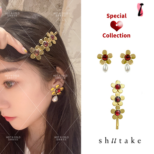 Shiitake 五瓣花红宝石吊坠耳钉复古甜美珍珠花朵耳夹金属发夹潮