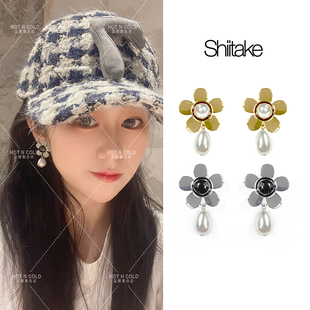 Shiitake 五瓣花金银双色珍珠吊坠耳饰复古小花耳夹设计师品牌