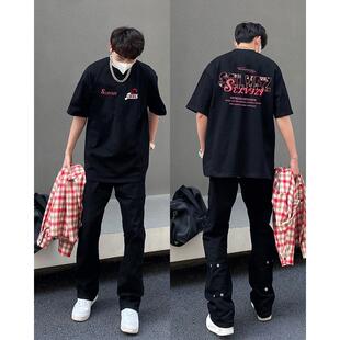 美式潮牌复古字母短袖T恤男生夏季新款纯棉重磅宽松高级感上衣服