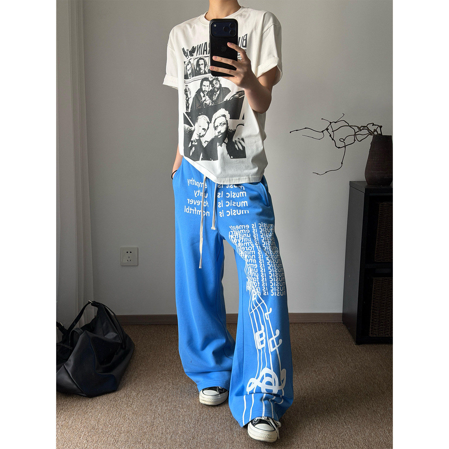 美式街头嘻哈休闲运动卫裤夏新款baggy印花直筒阔腿拖地长裤子男