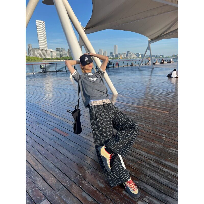 美式复古慵懒阔腿A字格子休闲裤男女双腰头夏季轻薄透气直筒长裤