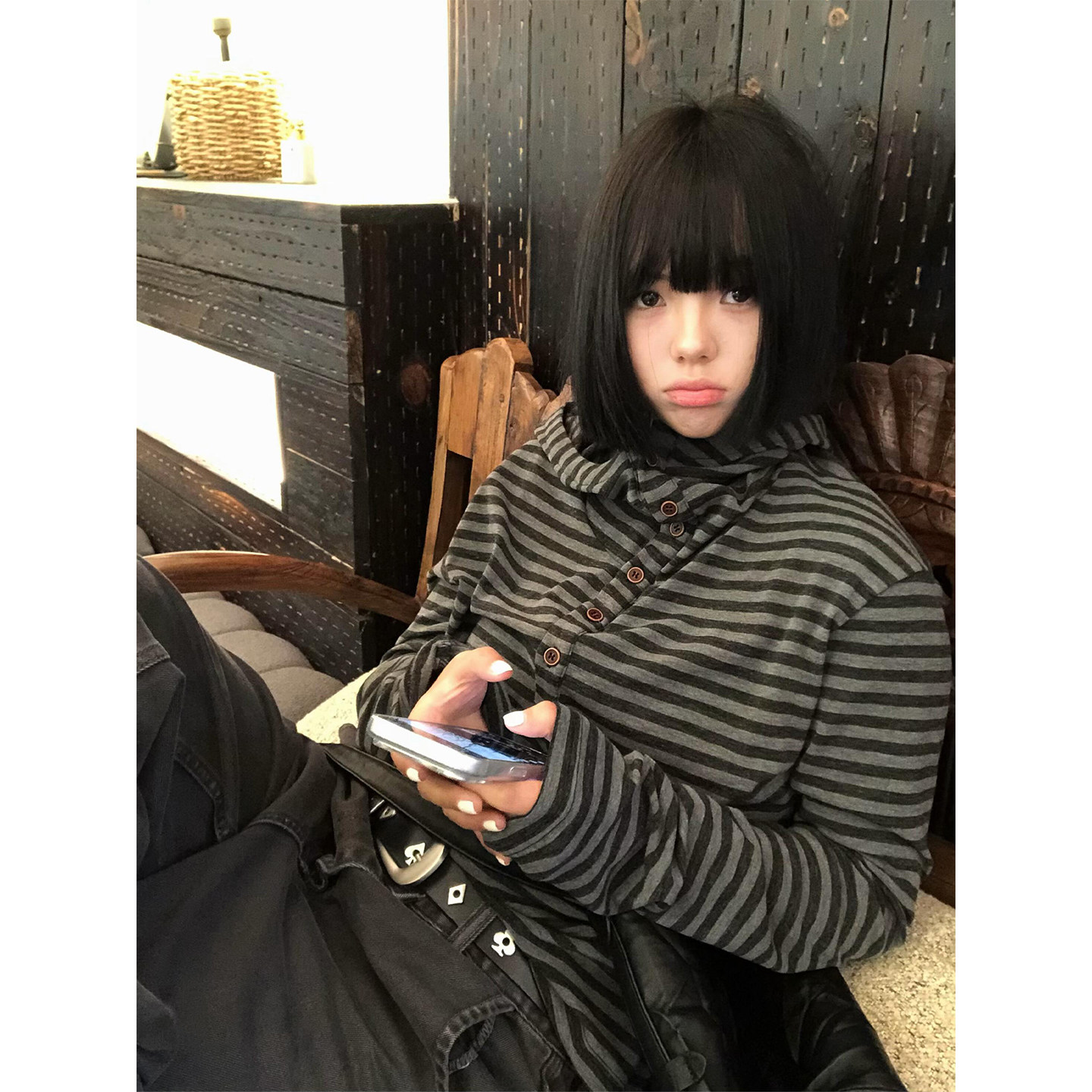 美式条纹连帽排扣设计感长袖T恤男女宽松休闲百搭慵懒风套头上衣