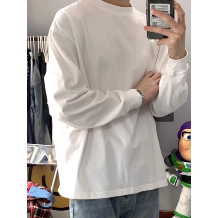280g重磅小领口长袖T恤男纯棉春秋基础款白色2025秋冬内搭打底衫