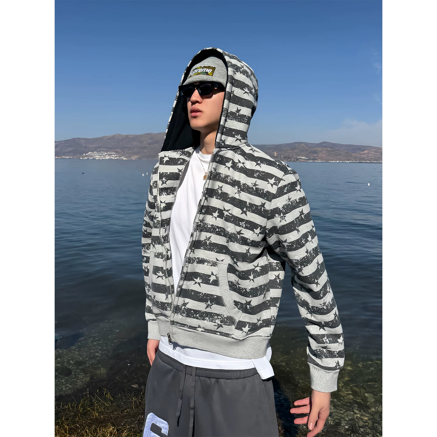 美式潮牌撞色条纹满印星星连帽开衫卫衣男春季宽松短宽型帽衫外套