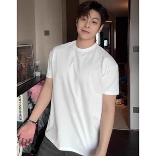 美式重磅纯棉白色短袖t恤男士夏季2026新款男生小领口上衣服男款