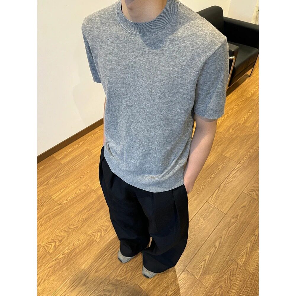 美式休闲小领口灰色针织圆领短袖男款修身正肩t恤夏季新款上衣