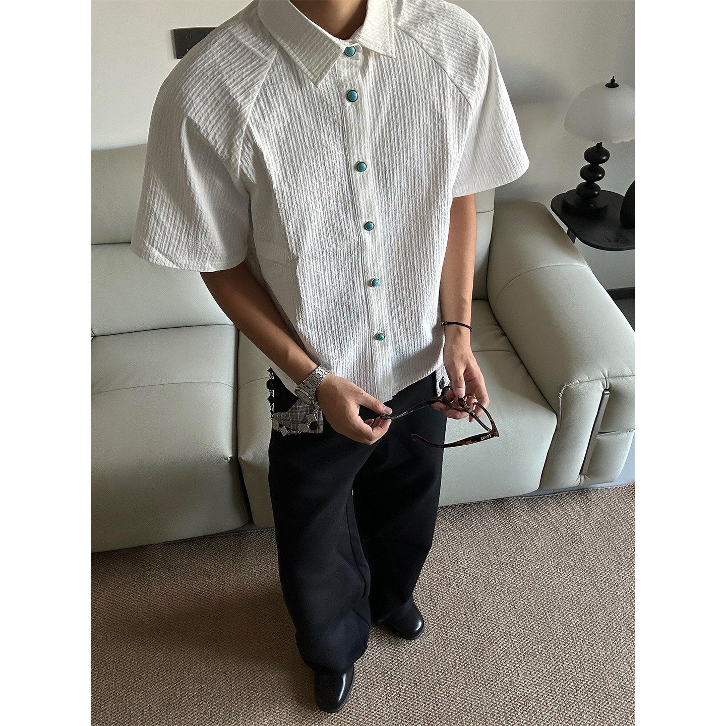 海洋之泪衬衫男款夏季老钱风boxy版型短袖绿松石cleanfit衬衣外套