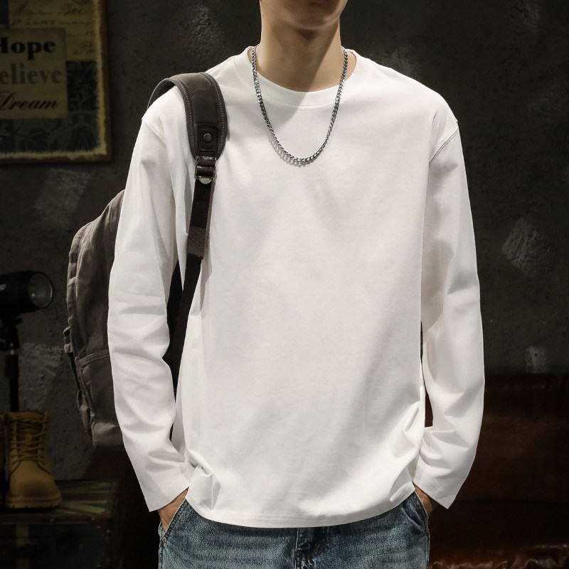 220g克重磅纯棉白色长袖T恤男打底衫秋冬季内搭上衣服男装圆领女