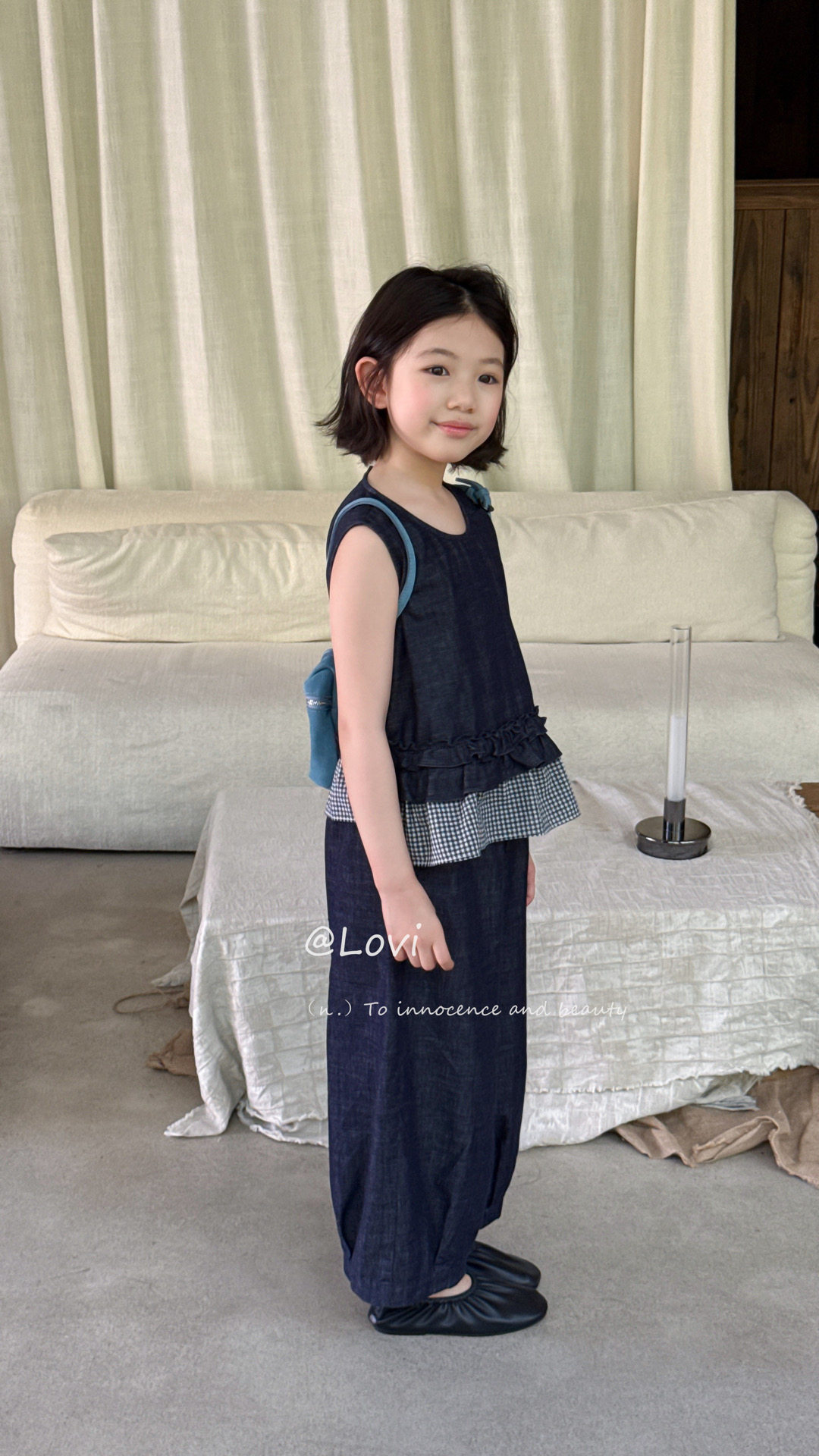 韩国品牌童装Lovi26夏新女童洋气百搭格子花边背心九分牛仔裤套装