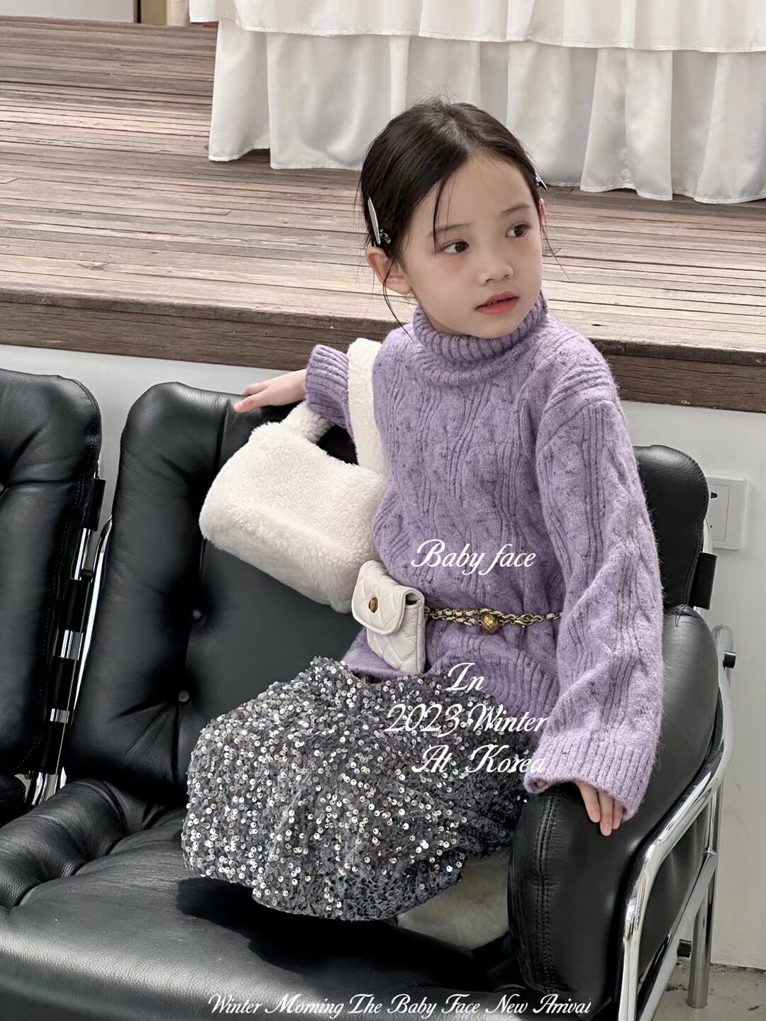 韩国品牌童装2023秋冬新款女童梦幻紫色毛衣高领彩线针织打底衫潮