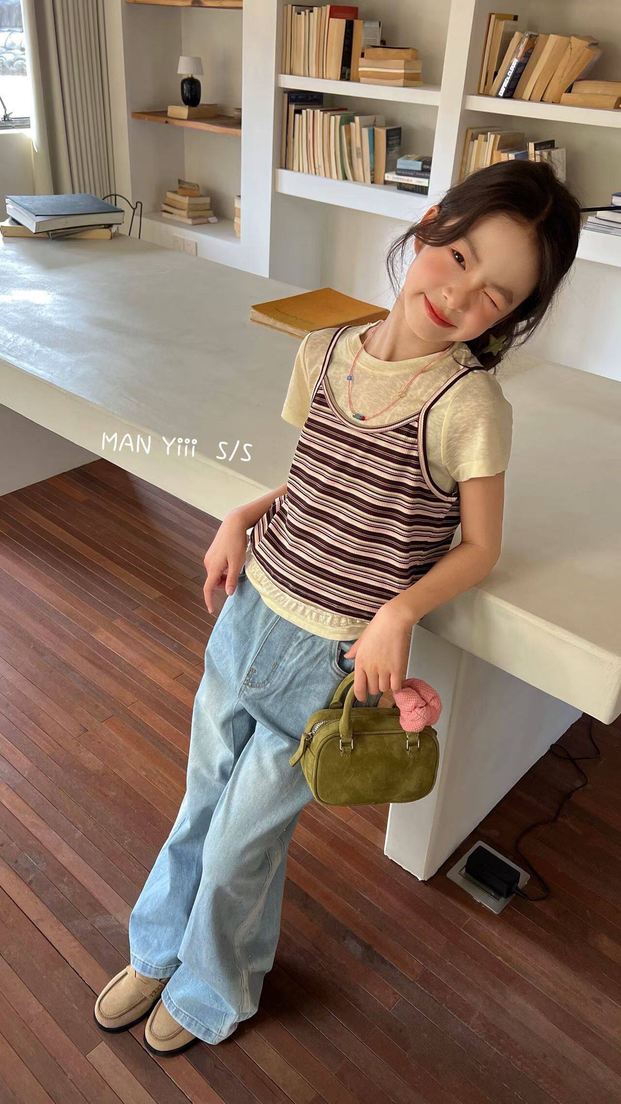 韩国品牌童装wosso26春夏款新女童洋气百搭条纹吊带背心T两件套潮