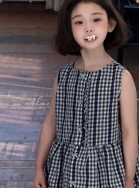 韩国品牌童装un25夏新女童格子裙摆背心衬衣洋气百搭棉镂空直筒裤
