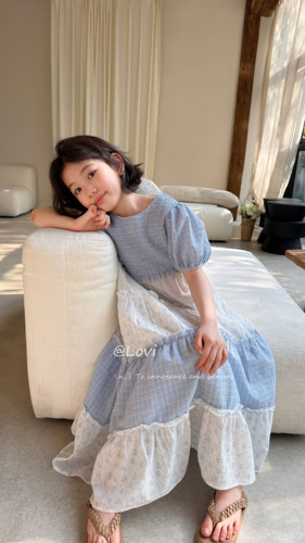 韩国品牌童装Lovi26夏新女童洋气百搭泡泡袖花边拼色碎花蛋糕裙潮