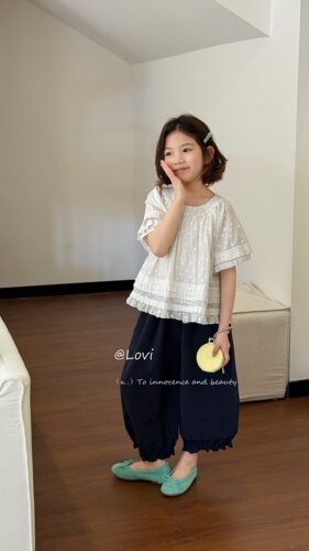 韩国品牌童装Lovi26夏新女童洋气百搭镂空刺绣娃娃衫上衣休闲裤潮