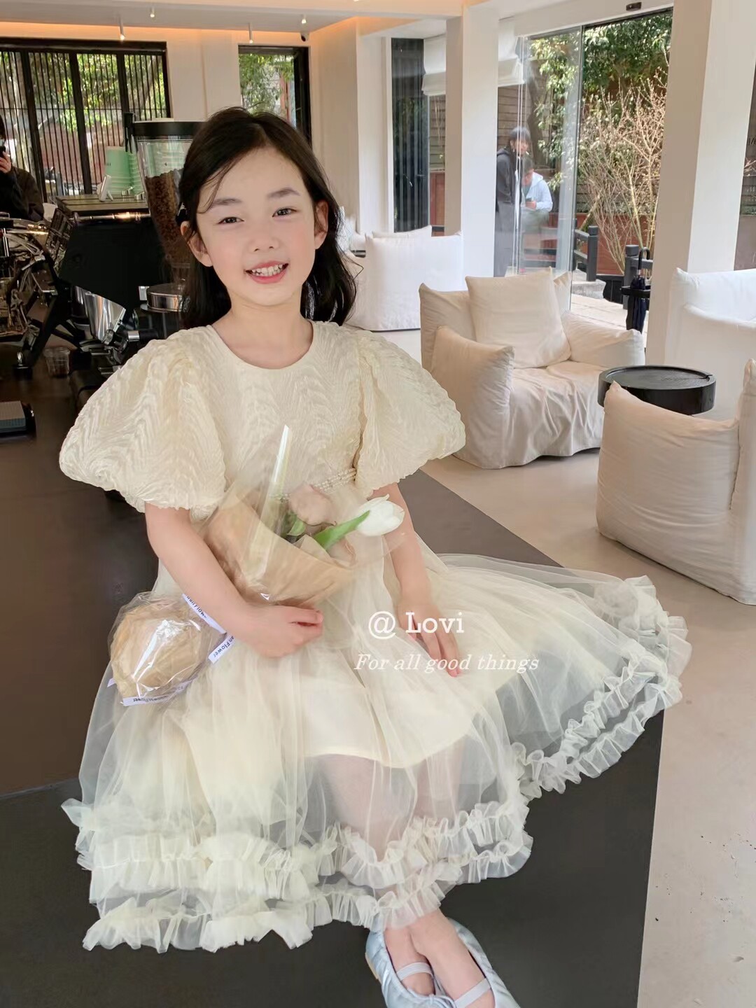 韩国品牌2023夏款女童时髦泡泡袖复古宫廷风连衣裙女孩公主裙长裙