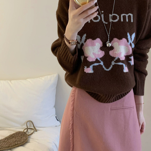 OMELET蛋卷-冬上新韩系复古百搭花卉提花全羊毛保暖毛衣