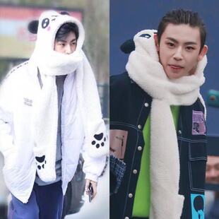冬季围巾帽子手套一体小鬼王琳凯同款熊猫围巾卡通保暖加厚围脖潮