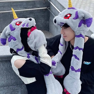 加布兽亚古兽毛绒帽子围脖围巾手套一体数码宝贝耳朵可动冬男女潮