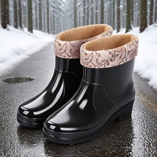 女士雨靴 耐磨短筒软底厨房工作胶桶鞋 防水防滑女士雨鞋 保暖加棉鞋
