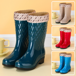 高筒胶鞋 水鞋 成人加绒水靴 女士中筒保暖雨靴防滑女式 外穿防水雨鞋