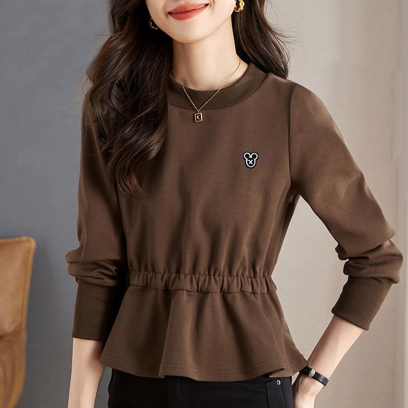 美拉德风时尚气质收腰德绒长袖打底衫上衣秋冬季新款百搭大码女装