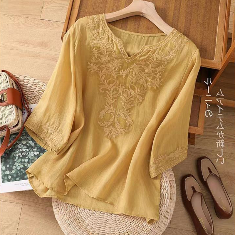 夏季新款短袖上衣中袖女棉麻刺绣