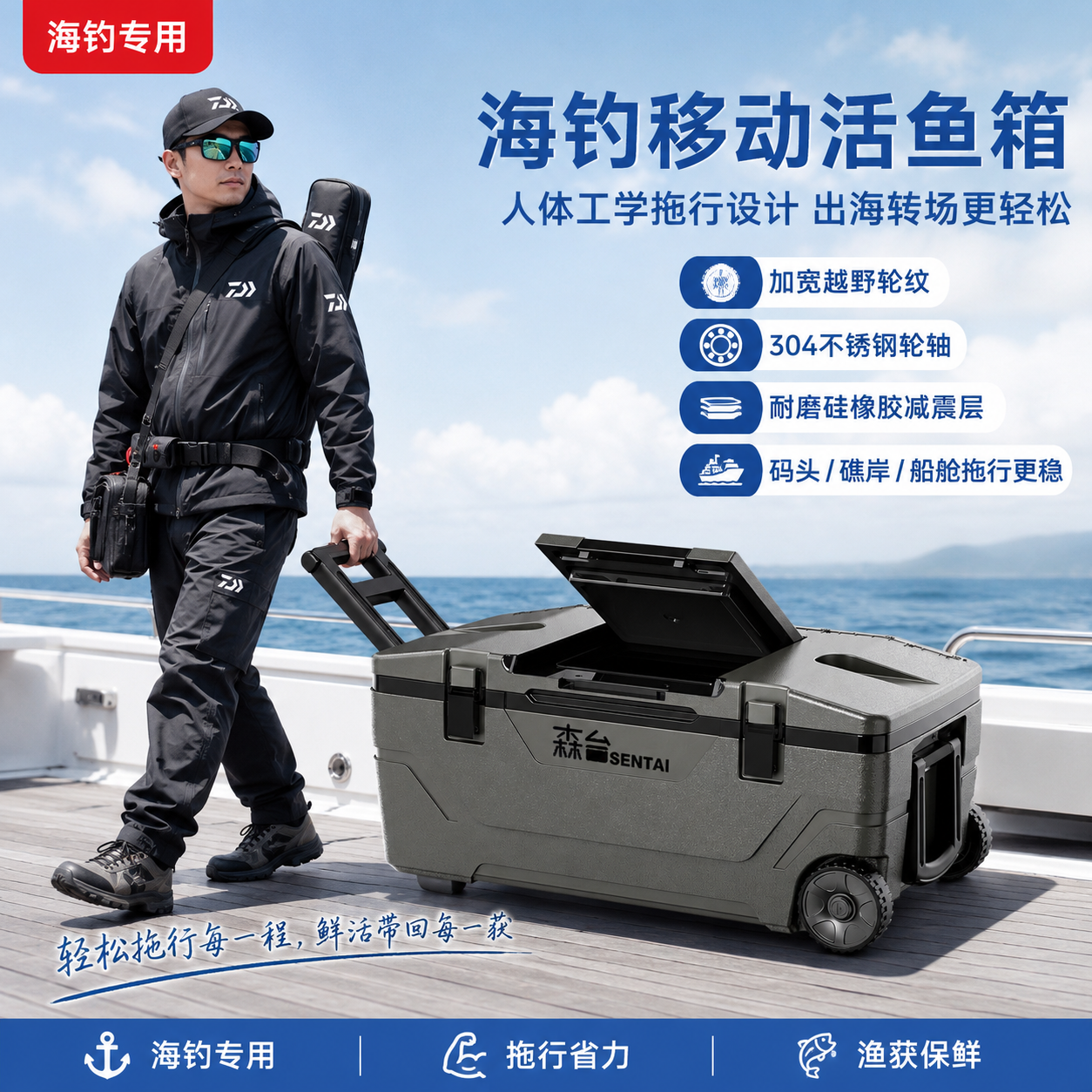 保温箱80升100升增氧活鱼箱海钓户外大容量带轮冷藏箱生鲜冷链箱
