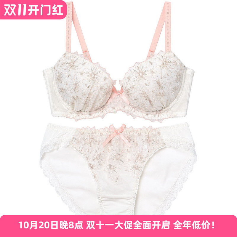 琉璃町包邮日系闪线蕾丝侧收聚拢薄款调整型文胸套装女士内衣内裤