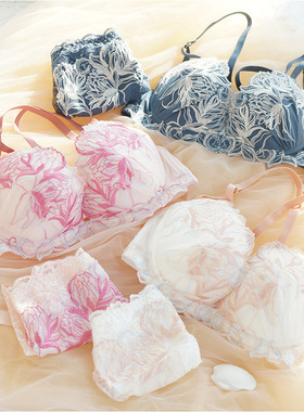 65BCEF70BCDF75B出口日本精工刺绣花卉内衣女聚拢蕾丝边文胸套装