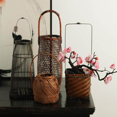 手工竹编花篮插花干花瓶茶道装饰复古禅意摆件花器 茶室会所摆件