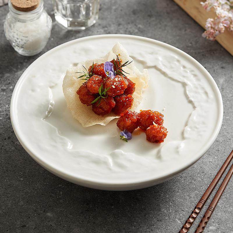 白瓷保温菜盘位上西餐意境菜冷菜岩石纹圆形大号餐厅酒店盘子,餐饮具,酒店餐具,淘宝优惠券,粉丝福利购,淘宝优惠卷