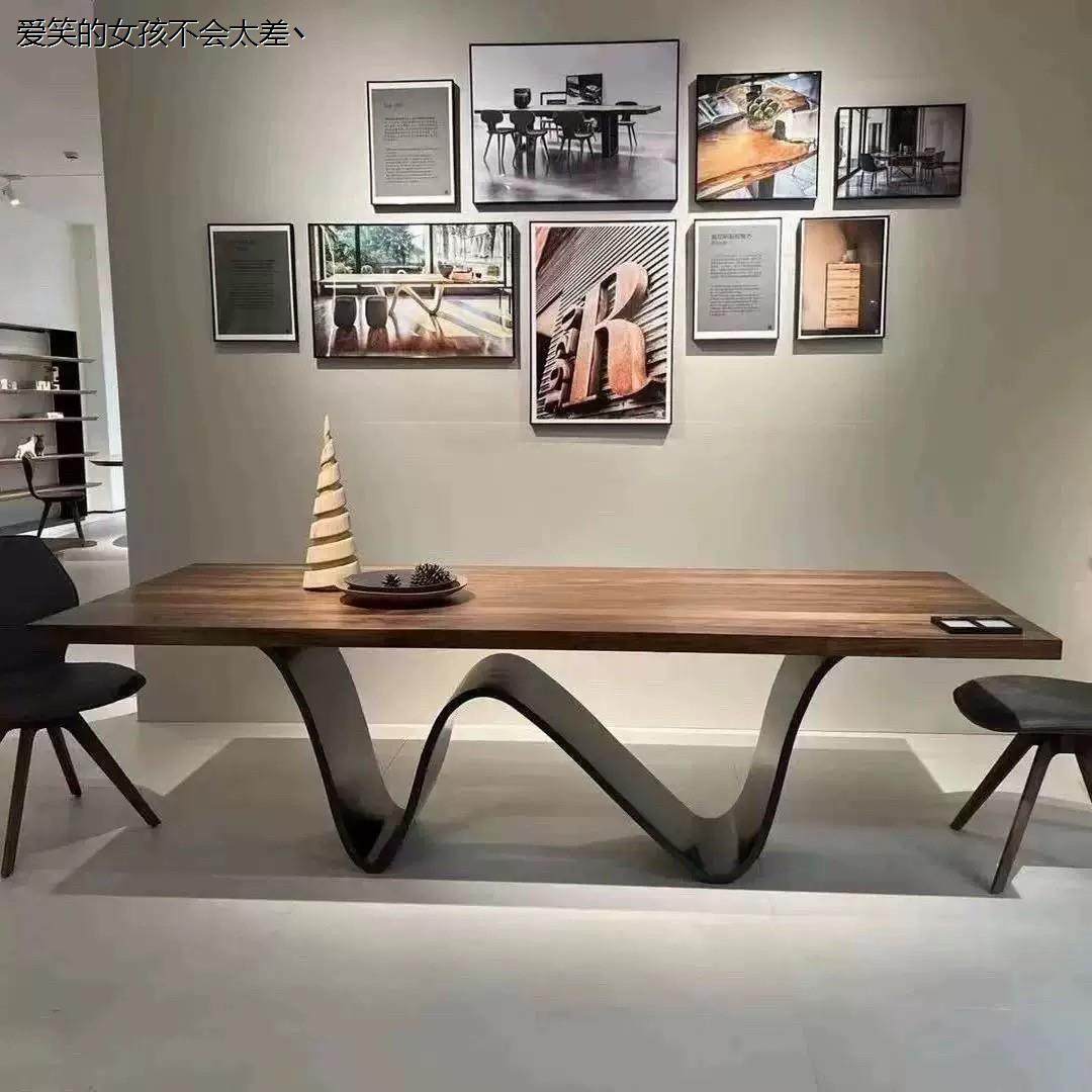 胡桃色大板餐桌长方形洽谈桌极简实木工作台书桌创意个性木LHAL4