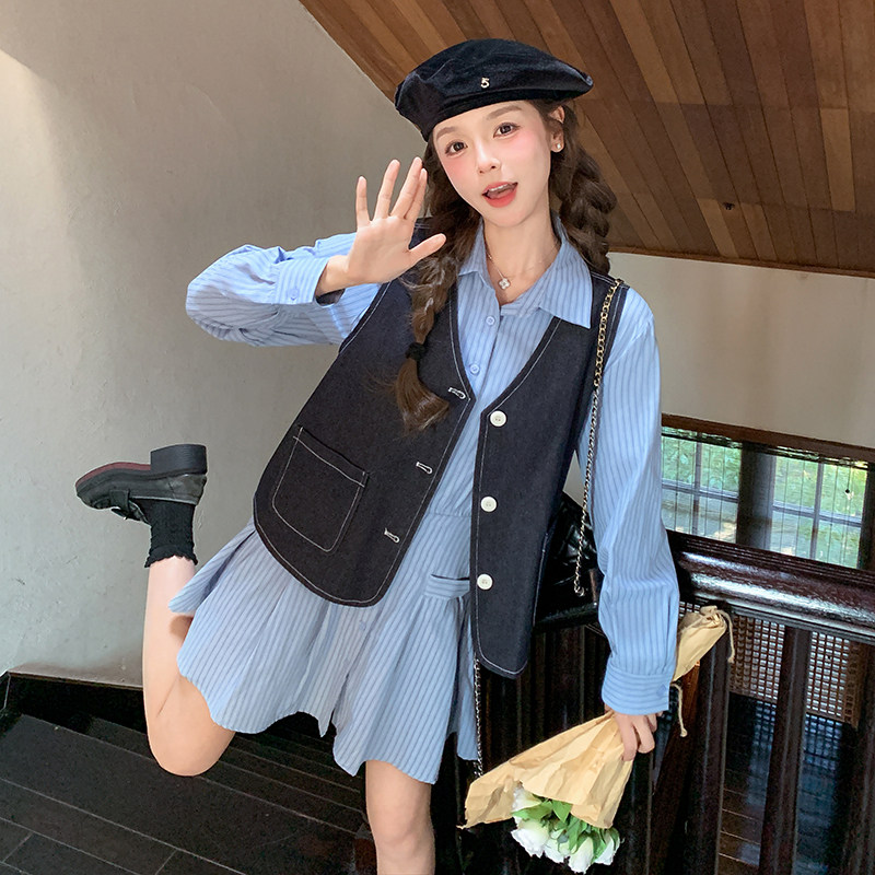 视频主推条纹连衣裙＋牛仔马甲两件套7723P155-K228,女装套装/套裙,2C295