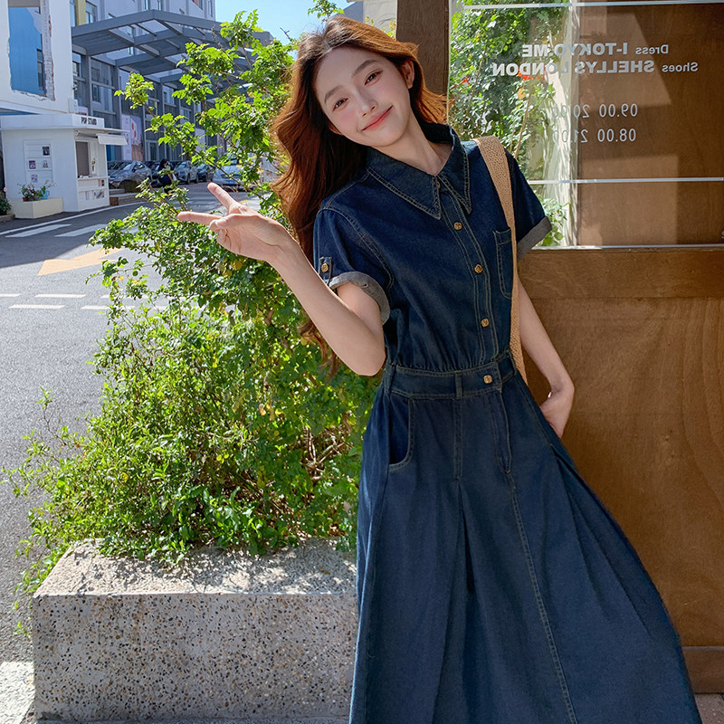 法式复古牛仔蓝衬衫连衣裙女2025夏季新款减龄独特漂亮显瘦长裙,女装连衣裙,2C295