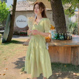 法式v领连衣裙高级感女2025新款夏季气质收腰显瘦森系超仙茶歇裙，女装连衣裙，2C295