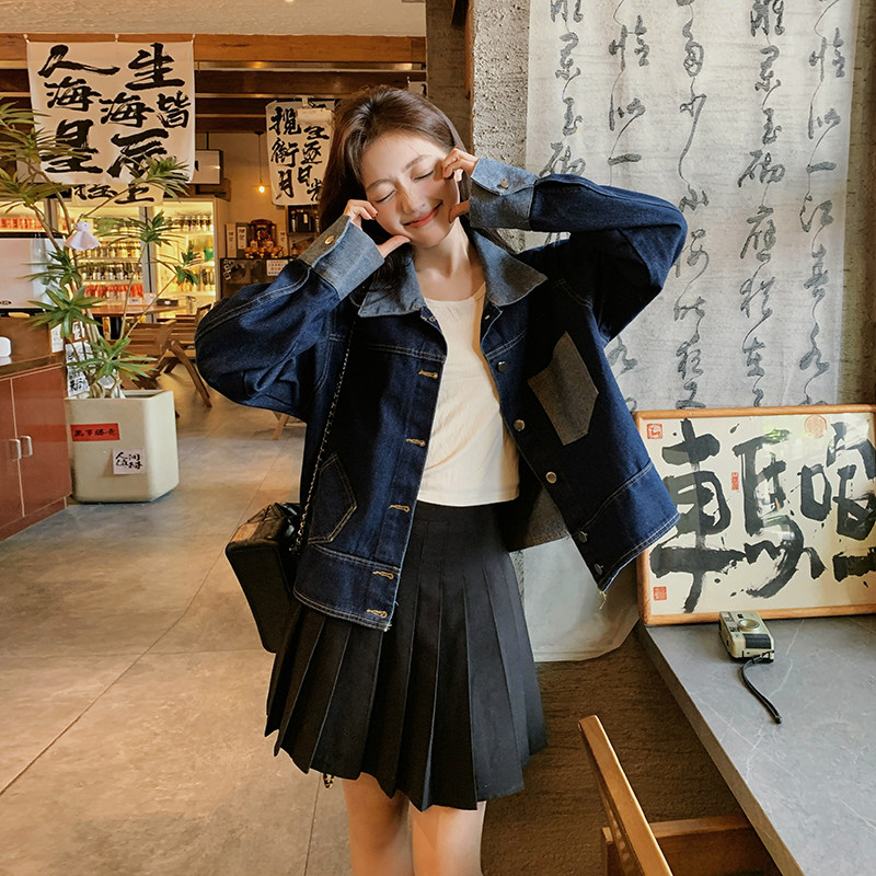 港风复古拼接牛仔外套女2025年秋季新款设计感显瘦小个子短款上衣,女装短外套,2C295