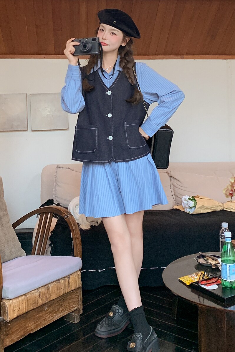 现货主推条纹连衣裙＋牛仔马甲两件套7723P155-K228,女装套装/套裙,2C295