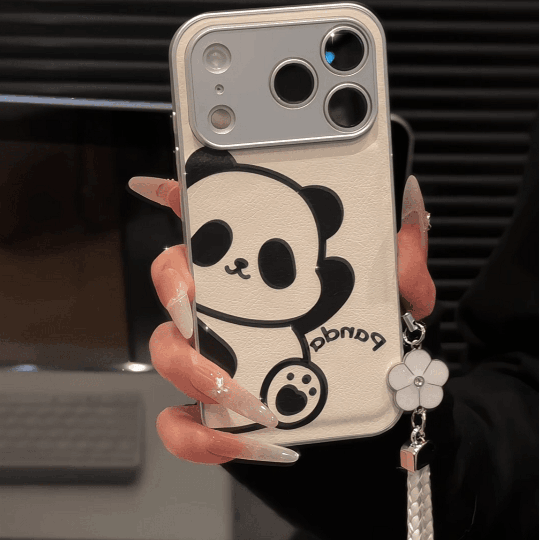 线条鼓包可爱小熊猫带手绳适用苹果17pro手机壳16pm小众华为