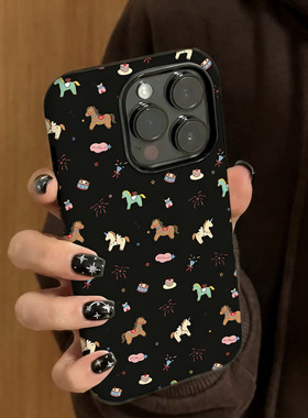 黑色烟花小马适用苹果17 iPhone17pro vivox200菲林二合一磨砂彩绘保护壳轻薄全包小米17华为p60